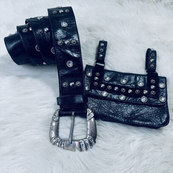 Vintage Mikki G Black Leather Jeweled Belt Bag Detachable XL 36-40 Waist USA